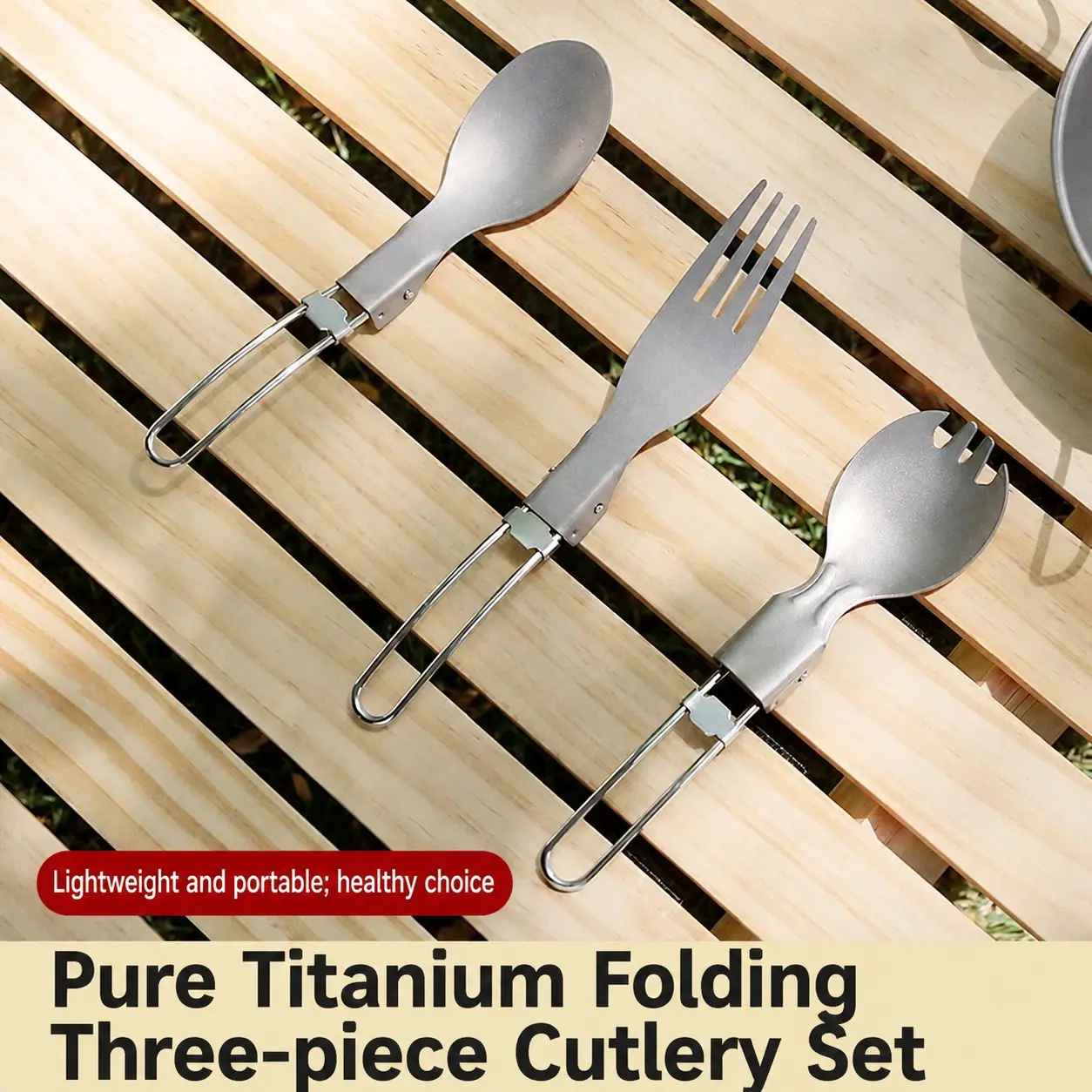 Outdoor Camping Pure Titanium Folding Knife Fork Spoon, Home Titanium Alloy Salad Fork Spoon, Picnic Portable Cutlery Set, Three-Piece Kit