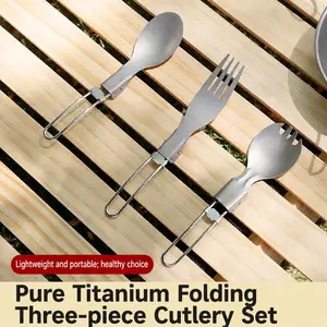 Outdoor Camping Pure Titanium Folding Knife Fork Spoon, Home Titanium Alloy Salad Fork Spoon, Picnic Portable Cutlery Set, Three-Piece Kit