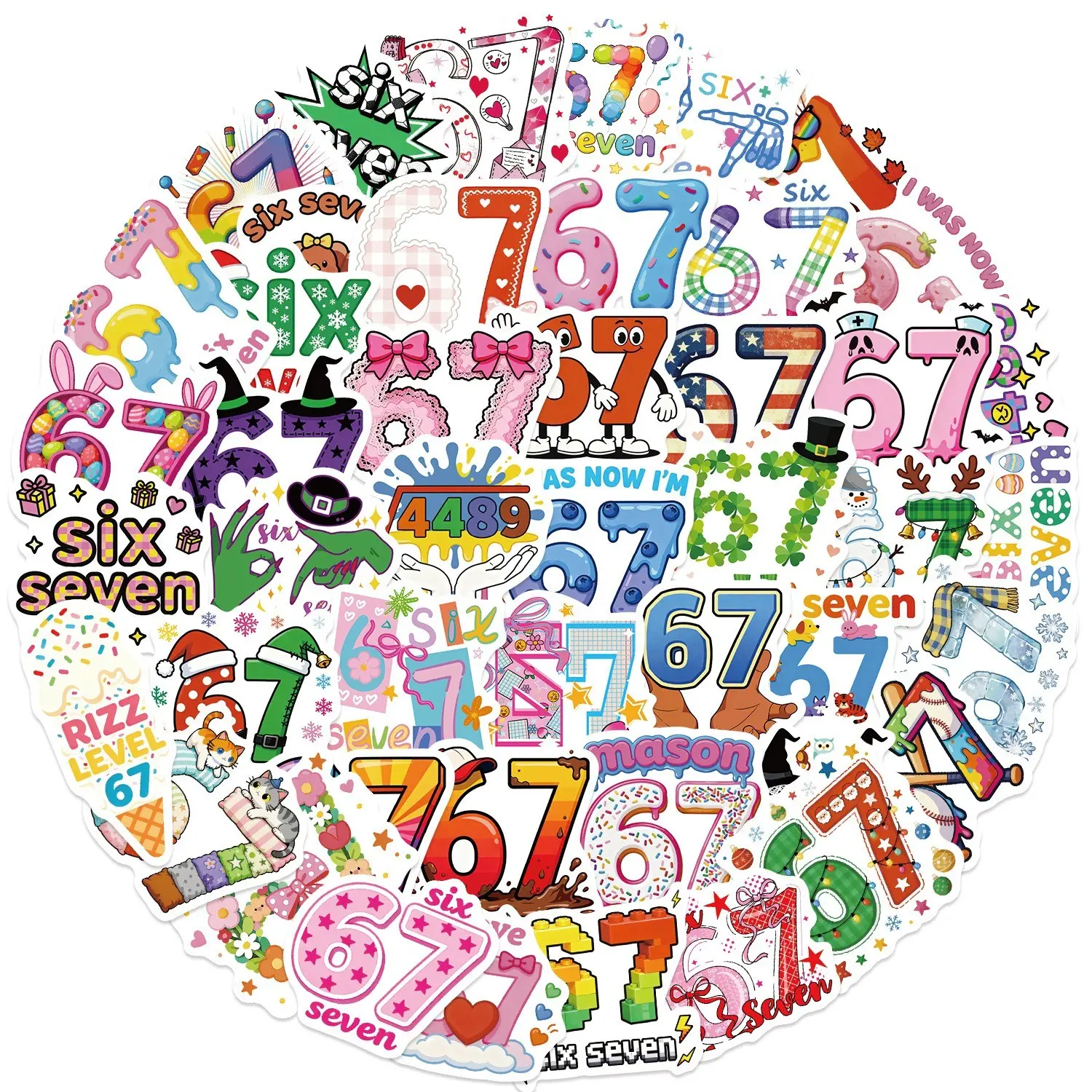 50pcs Six Seven6-7 Us Trendy Digital Cartoon Meme Stickers, Decorative Phone Case Cup Notes Fridge Wall Decals DIY Waterproof