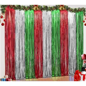 3 Pack Christmas Foil Fringe Curtains, 3.3 x 6.6 ft Red Silver Green Tinsel Fringe Party Photo Backdrop for Christmas, New Year,Ugly Sweater Party Decorations