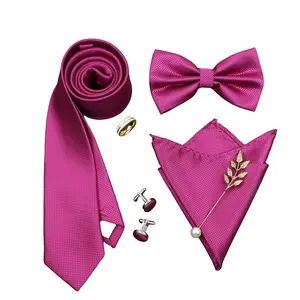 Luxury Men Ties Set Red Black Ties Soild Color NeckTie Pocket Square Cufflinks Brooch Tie Ring Set Men's Wedding Party Suit Gift