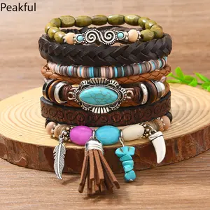 Vintage Feather Casual 6 Pc/set Tree Handmade Men Bracelets Male Women Leather Bracelets Men Bangle Wholesale Jewelry Gift