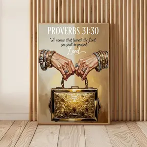 Proverbs 31:30 Wall Art, Black Woman Hands with Gold Handbag Scripture Print, Christian Faith Bible Verse Decor, 5 Size, 8x12 to 27x40 inch, Room Decor, Unframed