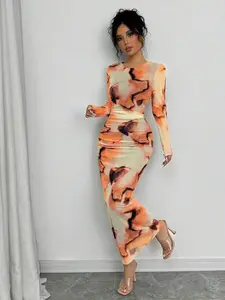 Elegant Gradient Long Sleeve Slim Fit Fitted Women's Dress, Spring & Fall Floral Mesh Dress, Stylish Casual Fashion for Ladies