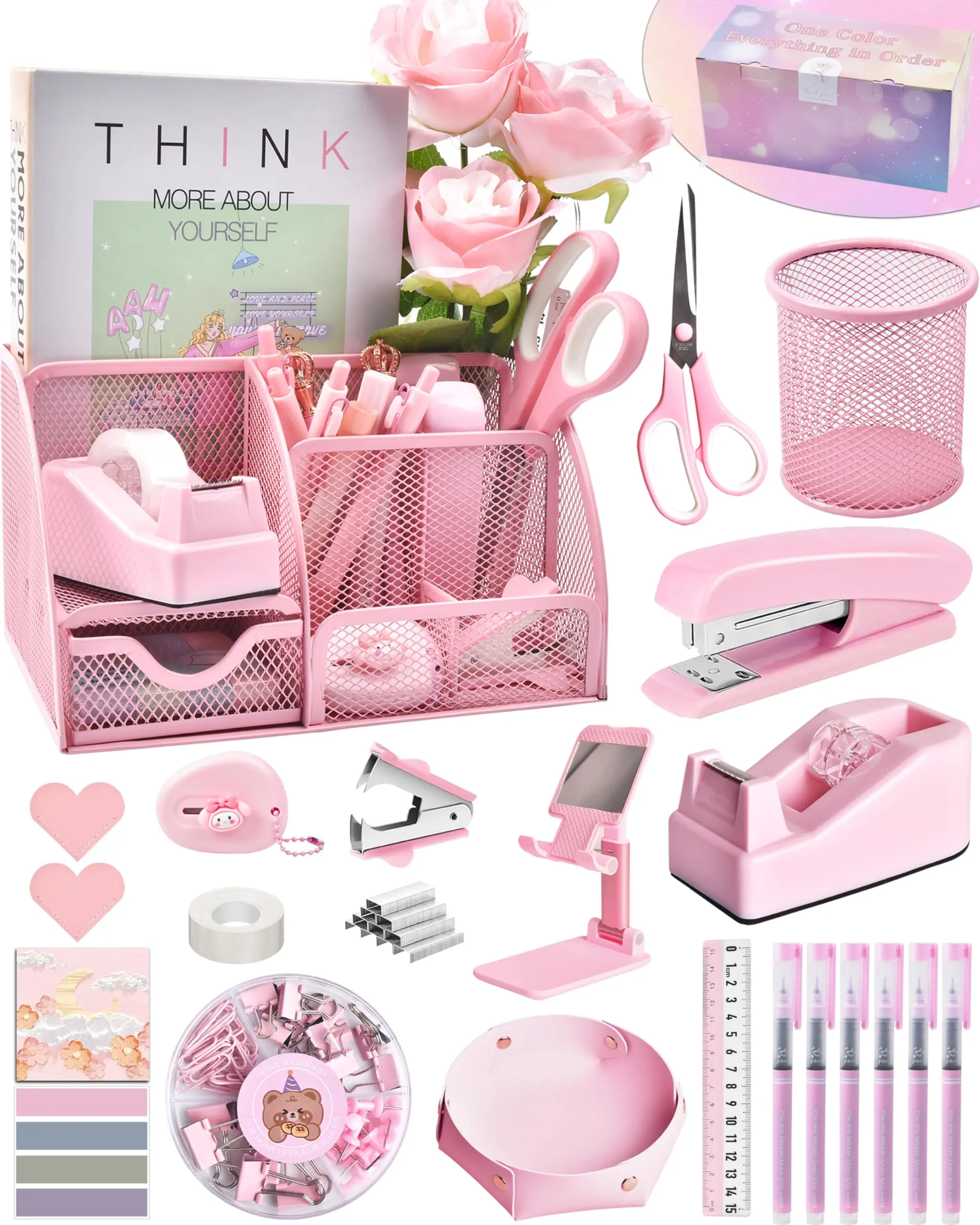 Pink Office Supplies Set (24Pcs) - Desk Organizers & Accessories with Tape Dispenser, Stapler, Staple Remover, Paper Organizers, Sticky Note Dispenser, Pencil Holder, 6 Independent Compartments for Teachers, Pink Lovers (Busy Season Essential), Stationary