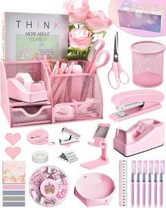 Pink Desk Accessories, 24Pcs Pink Office Supplies and Desk Organizers, with Tape Dispenser, Stapler, Staple Remover, Ect, Christmas Gifts tape  dispenser