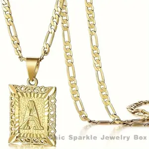 [Golden Necklace] 14K Golden Initial Letter Pendant Necklace |           Unisex Design for Men & Women, Square Alphabet Figaro Chain with Ornate Detailing |           Polished Finish, Golden Alphabet, Perfect for Casual Attire or Gifting