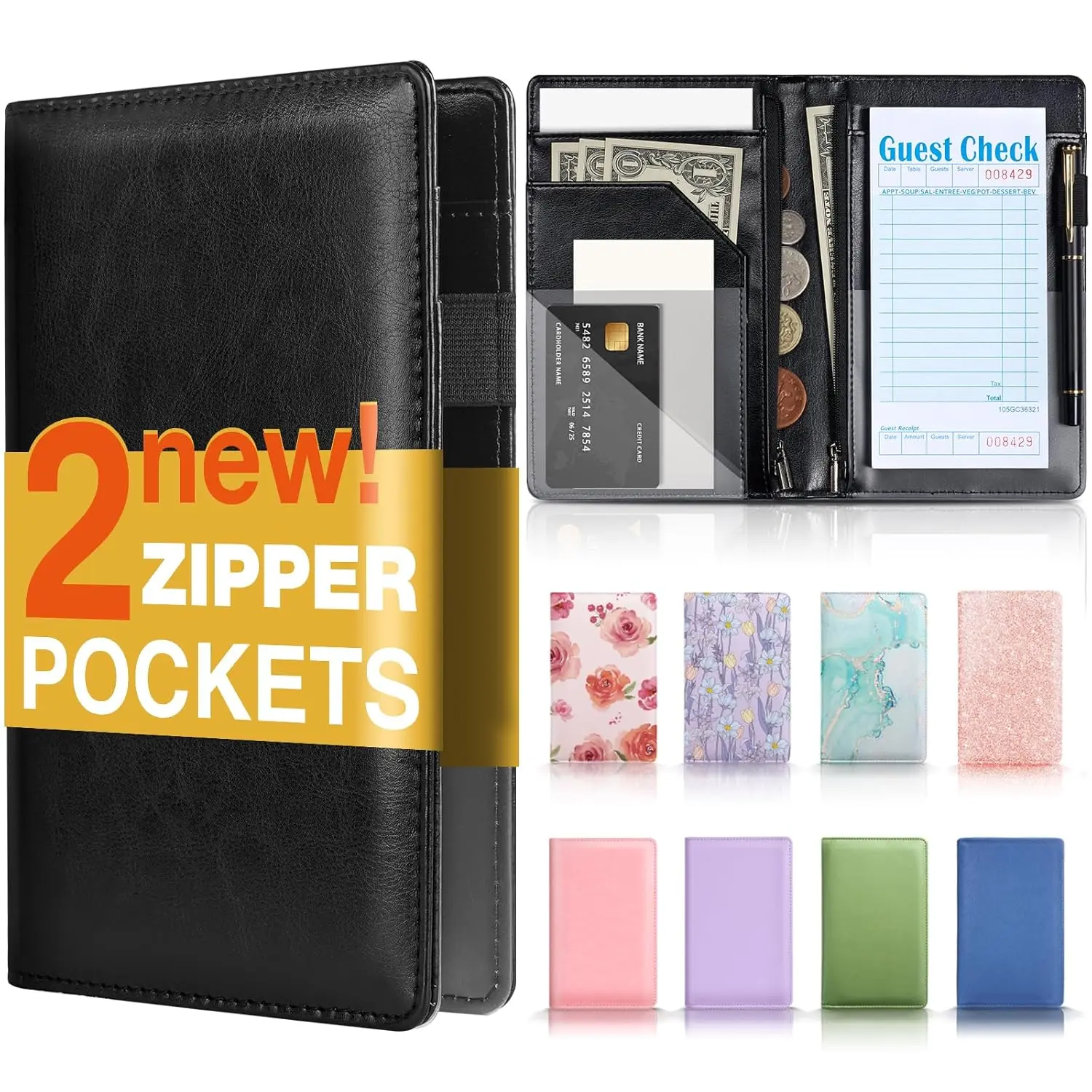 Black PU Leather Multi-Pocket Server Book Organizer - 2 Zipper Pockets, 8 Compartments, Compact Receipt/Bills/Credit Card Holder, Fits Waitress Apron, Aids Serving Organization (Ideal for Servers)