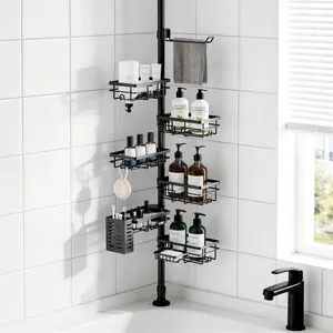 Shower Caddy Organizer Tension Pole Rustproof 6-Pack Corner Shelf with 30-120 Inch Adjustable Shower Rack for Inside Shower Extra Towel Bar & Soap Dish for Bathroom Organizers and Storage Black