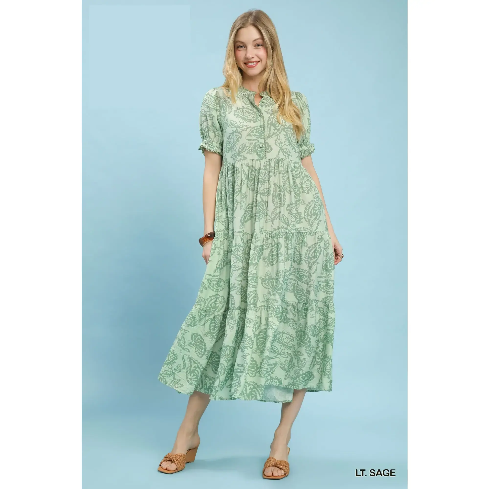Umgee Paisley Print Tiered Midi Dress