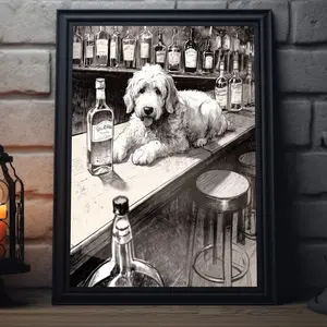Golden Doodle Dog Bar Art Print | Dog Bar Cart Wall Art, Beer & Animal Sketch Artwork, Black and White Decor, Dog Lover Poster UNFRAMED