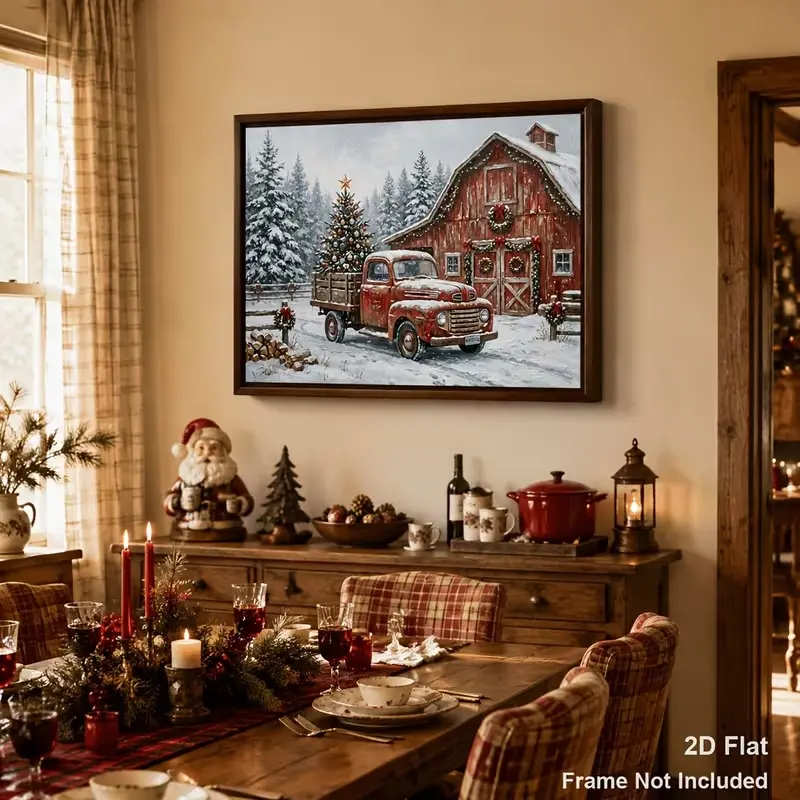 Vintage Rustic Red Old Truck Carrying Decorated Christmas Tree Wall Art Poster