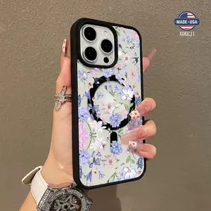 Chic Floral Charm Pattern Premium Magnetic Phone Cases for iPhone 16 15 14 Pro Max 13 12 11 Plus Smartphone Shockproof Protection Acrylic Cover Cellphone Protective magsafe magnetic case Aesthetic Resistance Casing Protector