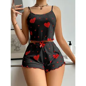 Ladies pajama set love pattern soft and comfortable pajamas plus pajama pants suspenders,Knit Fabric,New Summer Thin Pajamas Solid Color Polyester Leisure Suit Homewear Set Sling Shorts Ladies