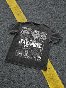 Trendy Punk Style Paramore Graffiti Print Tee Unisex Loose Oversized Washed American Streetwear Short Sleeve Round Neck, Casual Fitted Design