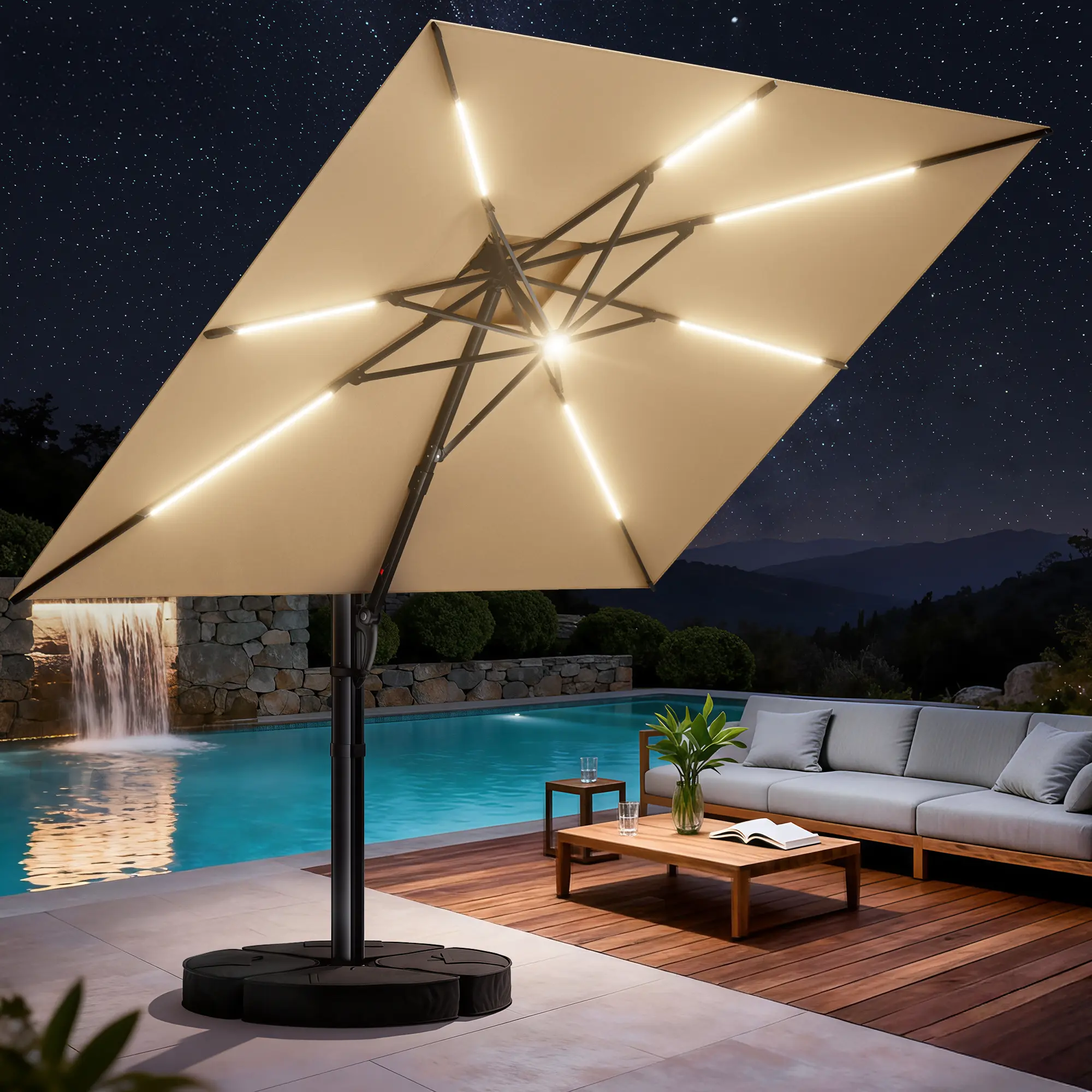 [With Base] 10ft Square Outdoor Patio Umbrella with Light Strip, UPF 50+ UV Protection, 360°   Swivel Crank Adjust, Ventilated Canopy, Rust-Proof Aluminum Umbrella
