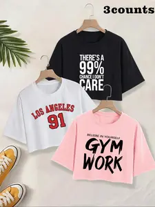 Women's Letter & Number Print Round Neck Crop Tee, Casual Drop Shoulder Short Sleeve T-shirt for Daily Wear, Ladies Clothes for All Seasons