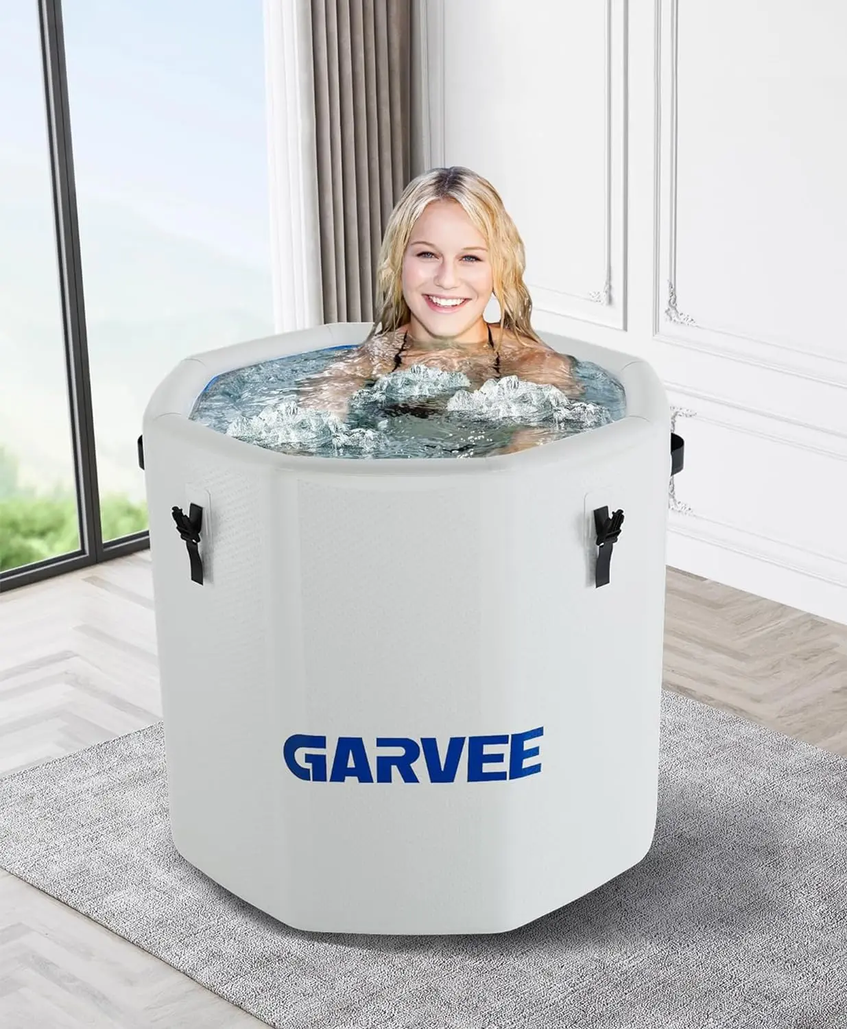 Insulated PVC Cylindrical Ice Bathtub - White Exterior, Blue Interior, 120 Gal Capacity, Durable Portable Deep Soak Tub, Extra-Deep Walk-In Wash Tub, 300 LB Weight Support, Ideal for Cold Immersion Therapy & Muscle Recovery, Extra-Deep Wash Tubs