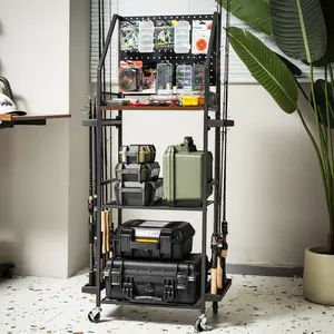 SOYEEZE Fishing Rod Holders for Garage with 10 hooks, Fishing Gear Storage and Organization for Tackle Box and Fishing Reels,Fishing Pole Holders for Fishing Equipment with Pegboard and Wheels