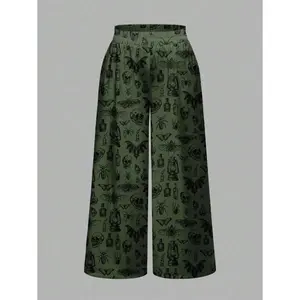 Goth Plus Size Gothic Style Dark Moth, Spider, Crow, Bat Green Print Loose Wide Leg Pants, Halloween Womenswear Bottom