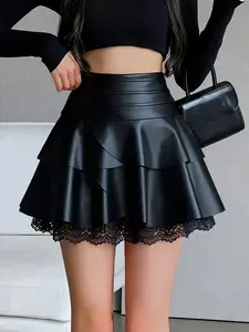 Women's High-Waisted PU Leather Skirt with Contrast Lace Trim, Casual Mini Skirt for All Seasons, Fitted Plain Design, Ruffle Trim Skirt