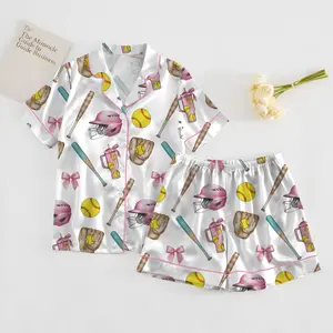 Softball Satin Pajamas Set, Women's White Satin Pajama Set – Softball Print Sleepwear, Sporty Summer Loungewear