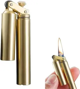 Vintage Trench Lighter Cool Copper Trench Oil Lighter,Fuel Not Included Windproof Creative Nunkaku-shape design Kerosene Fluid Antique Unique Brass Refillable Permanent Reusable Matches Funny Retro Grinding Wheel Flint Foldable Mini Portable Lighter