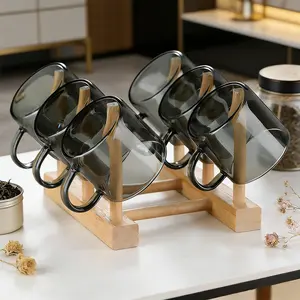 6 Pack Small Glass Tea Cup 3oz 90ML, Bamboo Holder Set in Smoky, Chinese Tea Utensil Decoration, Transparent Mini Espresso Cup