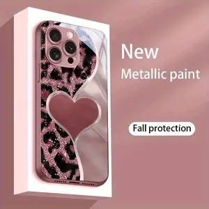 Fashion Pink Leopard Heart Pattern New Metal Paint Tempered Glass Phone Case, Suitable for iPhone 17/17 Air/17 Pro/17 Pro Max/16/16 Plus/16 Pro/16 Pro Max/15/15 Plus/15 Pro/15 Pro Max/14/14 Plus/14 Pro/14 Pro Max/13/13 Pro/13 Pro Max/12/12 Pro/12 Pro Max/