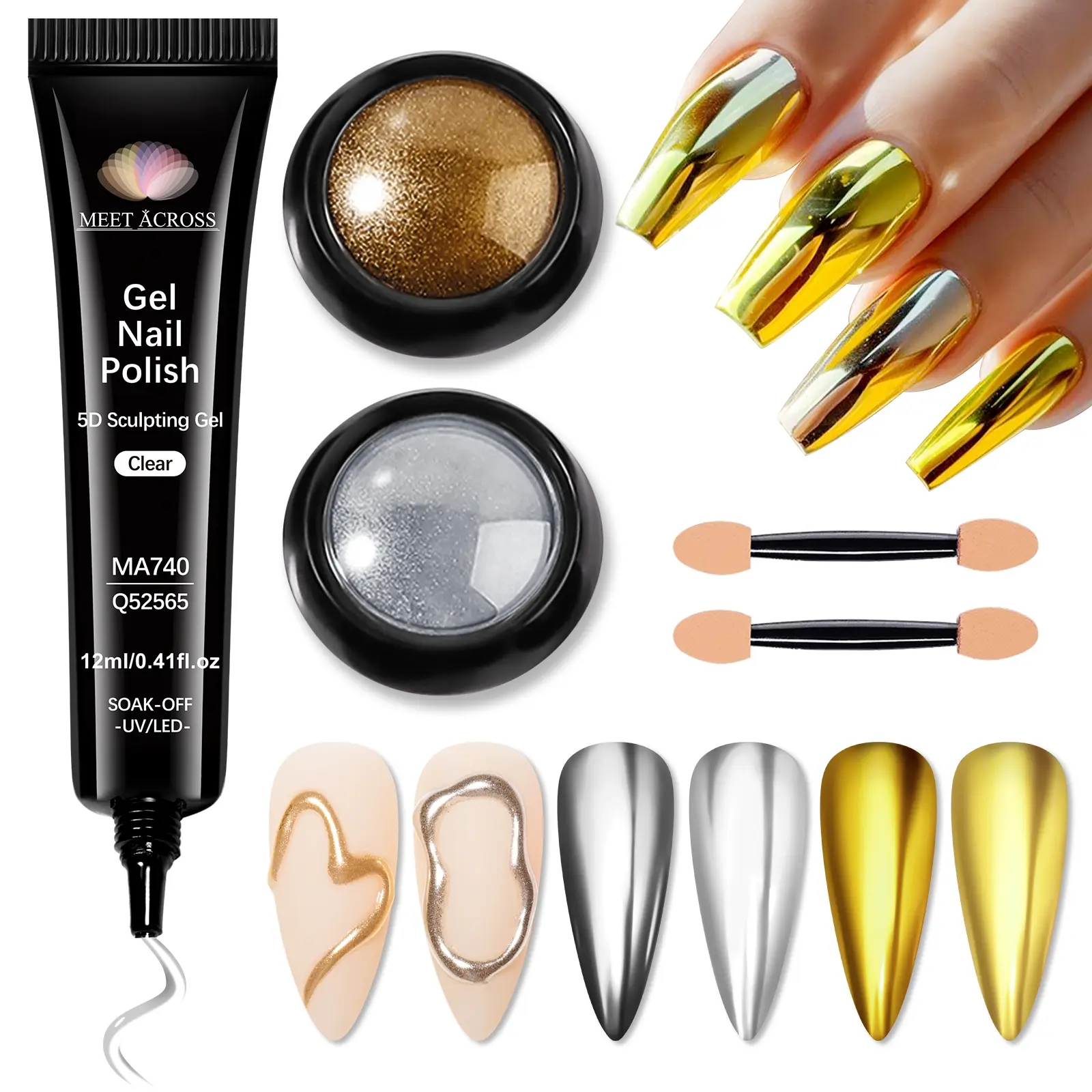 3pcs Sculpting Gel Nail Polish Set, 5D Sculpting Gel Golden Silvery Mirror Effect Gel Nail Art Products 3D Carving Modeling Gel for Home Salon, Perfect for Daily Nail Manicure Care, Extension Nail Gel