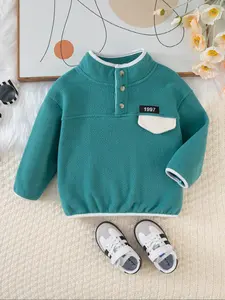Autumn Winter Kids Fleece Pullover Long Sleeve Sweatshirt, Warm Casual Half Button Colorblock Design, Suitable for Boys & Girls Daily Wear, Button Front Sweater