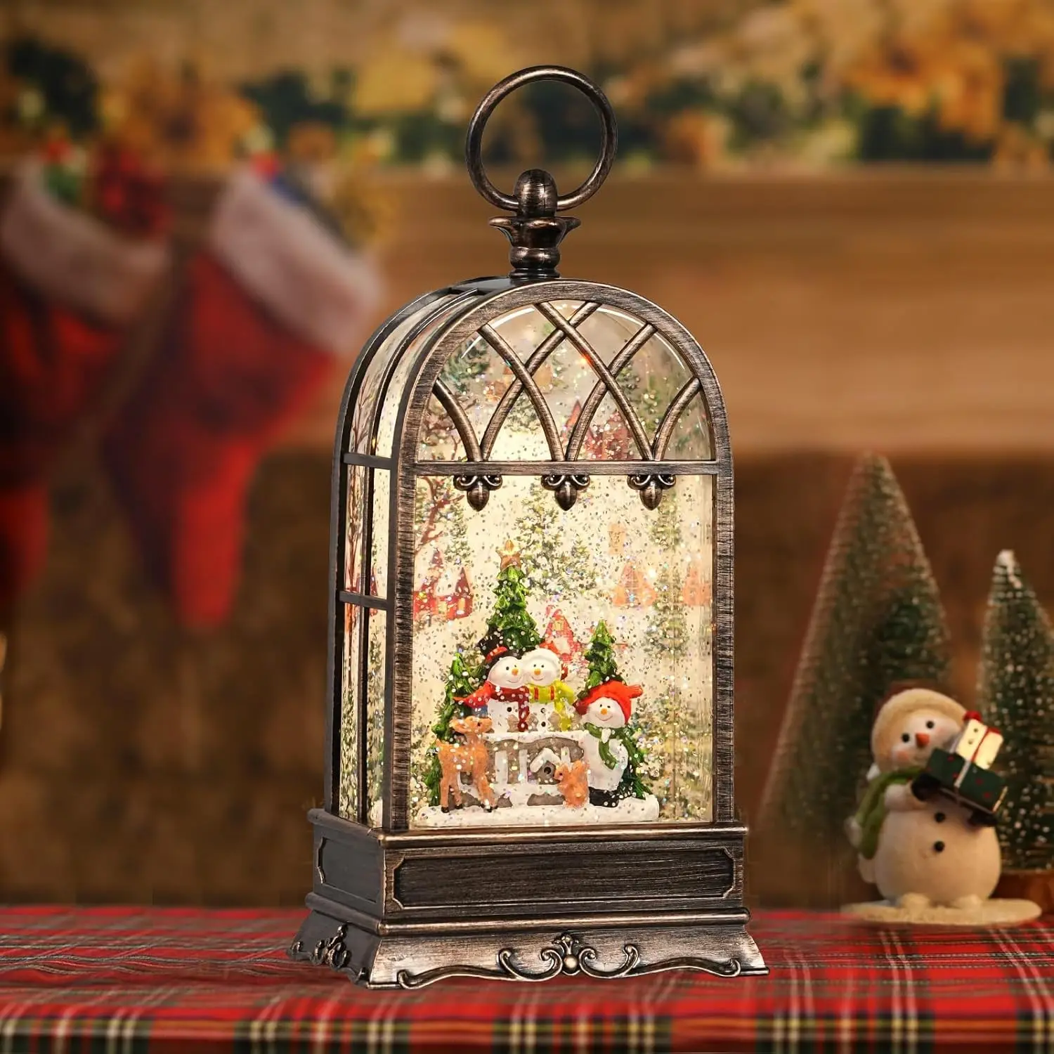 Snow Globe Christmas with Snowman Elk, Lighted Christmas Snow Globes with Timer, Swirling Musical Glittering Snow Globes Lantern for Christmas Decoration(Snowman Elk Squirrel)