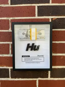 [Made-to-Order] Hustle Inspirational Frame - $10,000 Prop Bill Stack  Art with Bold "Hu" Lettering and Inspirational Mantra for Entrepreneurs and Dreamers living room wall decor