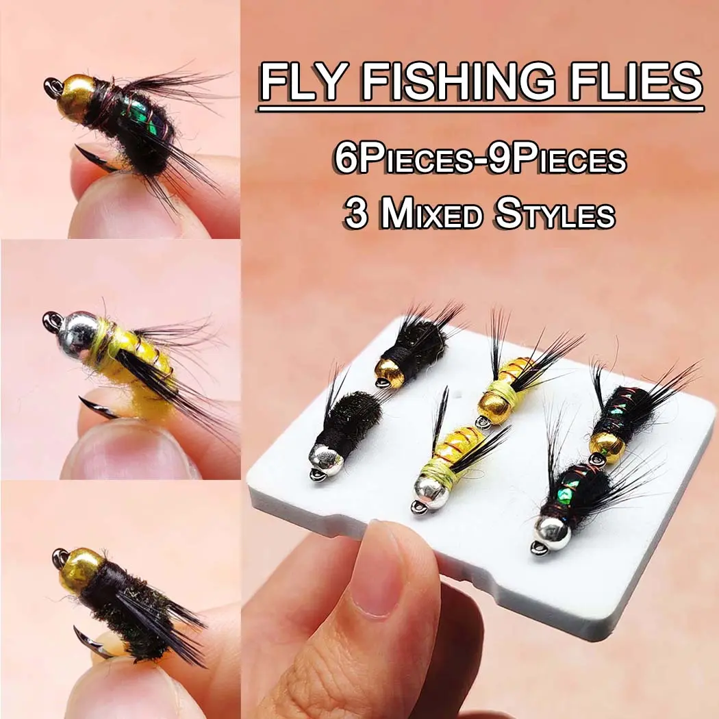 6-9PCS/BOX Fishing Lure #8(3 Mixed Styles)Nymph Dry Flies Artificial Bait Trout Fly Fishing Flies