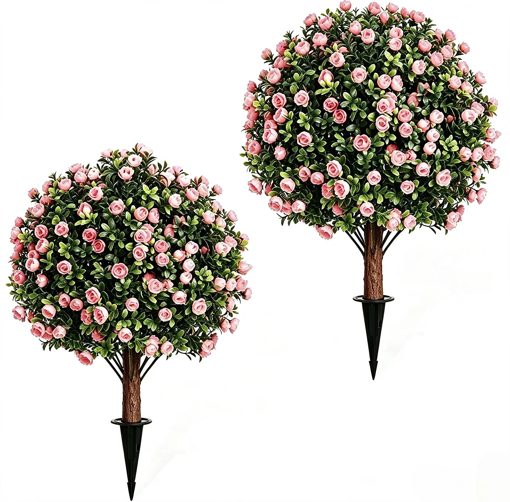 24-Inch PE Plastic Artificial Pink Rose Topiary Ball Trees with Ground Stake, Set of 2, UV-Resistant Faux Boxwood Evergreen Bushes, Fade-Proof Low-Maintenance Outdoor Garden Accessories for Front Porch Planters, Yard Decor