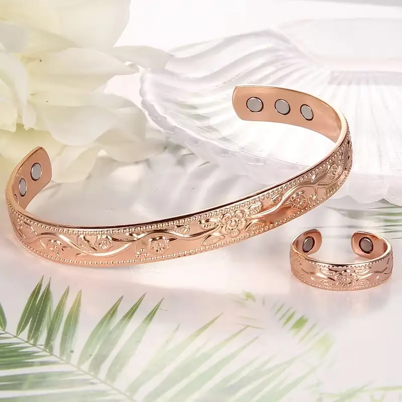 Copper Bracelet for Women Men, Pure Copper Jewelry Gift 99.99% Pure Copper Cuff Bangle Lymphatic Drainage Rings with 3500 Gauss Magnets, Adjustable & Flower Pattern, Multicolor