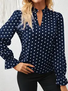 A women's fashion new style top featuring a stand collar with a small V-neck design, ruffled trim, and red polka dot pattern, with a stand colbell sleeves; suitable for retro commuter style, date night looks, and various other outfits.