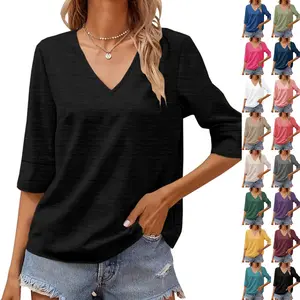 Goranbon Wome's Fashion Half Sleeve V Neck T Shirt Solid Loose Basic Top