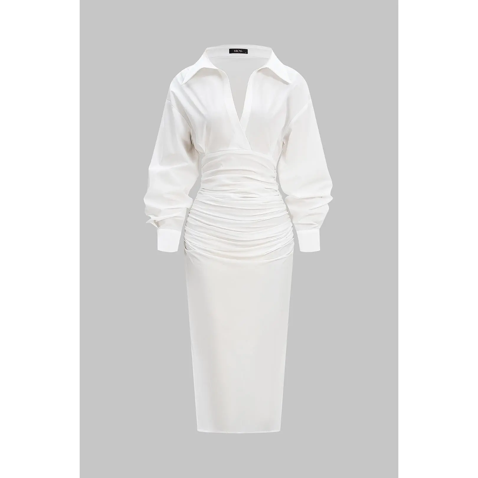 Women's Plain Fabric Polyamide Blend Ruched Long Sleeve Mid-Length Dress - Fitted Cut Bodycon Casual Dress, Ruched Detail