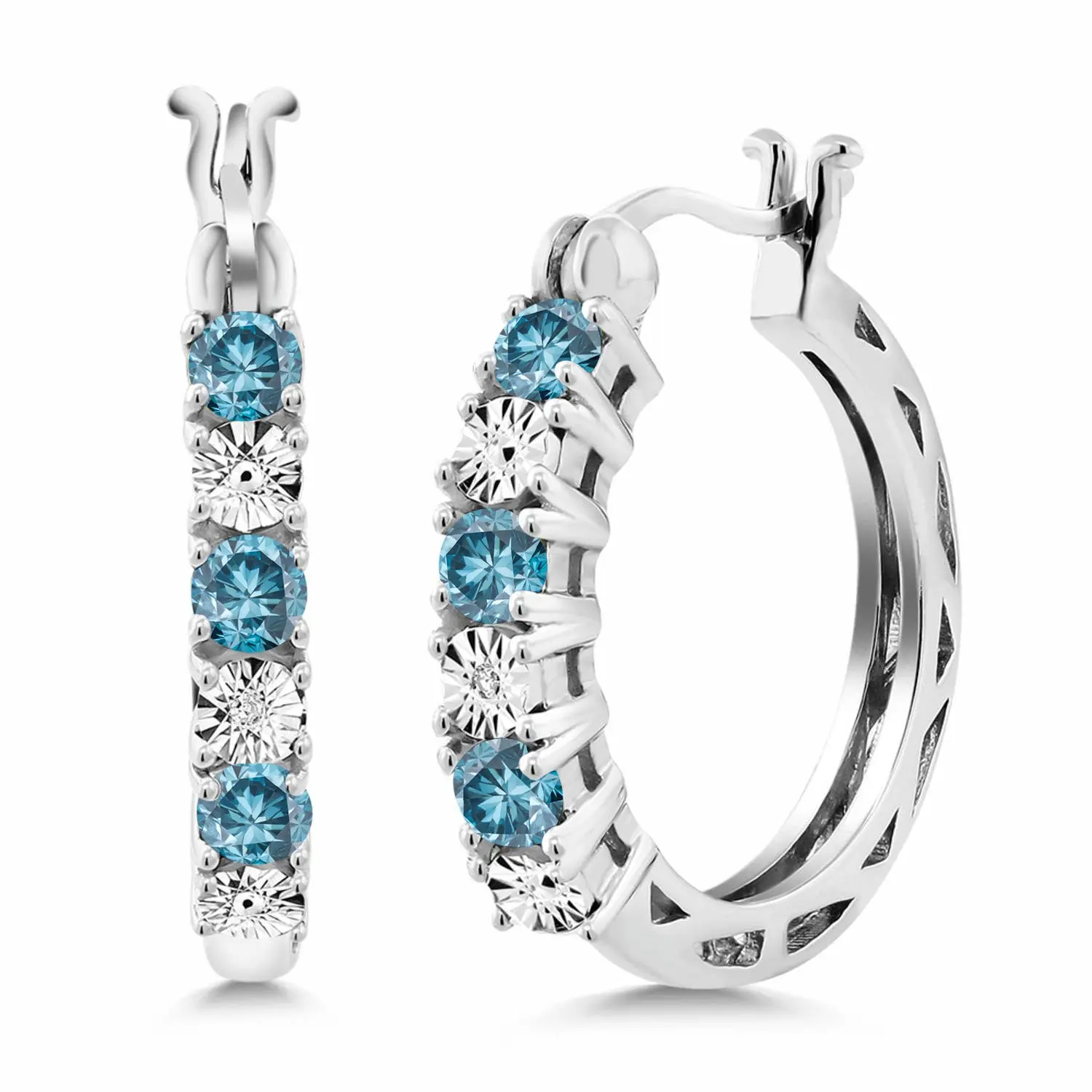 925 Sterling Silver Blue Lab Grown Diamond and Lab Grown Diamond Hoop Earrings for Women | 0.67 Cttw | Gemstone April Birthstone | Round 3MM