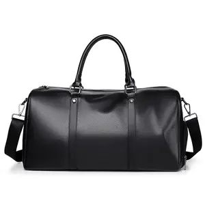 Business Handbag Large Black Faux Leather Duffel Bag - Big Capacity Weekend Luggage Travel Bag with Dual Top Handles & Adjustable Shoulder Strap, Durable Soft-Sided Carryall for Business Trips, Short Getaways