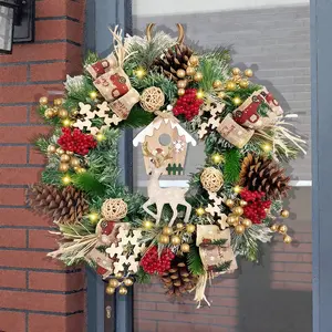 16-inch Artificial Christmas Wreath with Santa, Log Cabin, Pine Cones, Berries - For Front Door Decoration - No Electricity Required, Easy to Hook - Durable Plastic Holiday Decoration for Indoor/Outdoor Use - For Christmas, Halloween, Thanksgiving and Hol