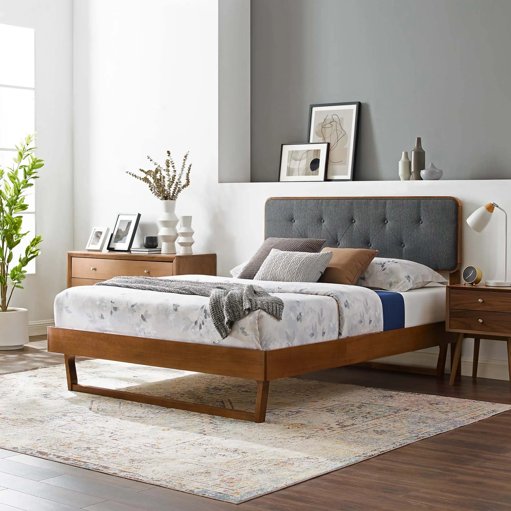 Modway Bridgette Full Wood Platform Bed - Modern Bedroom Framed Design, Angular Structure, Tufted Headboard, Walnut Veneer, Walnut Charcoal, Durable Bed Frames