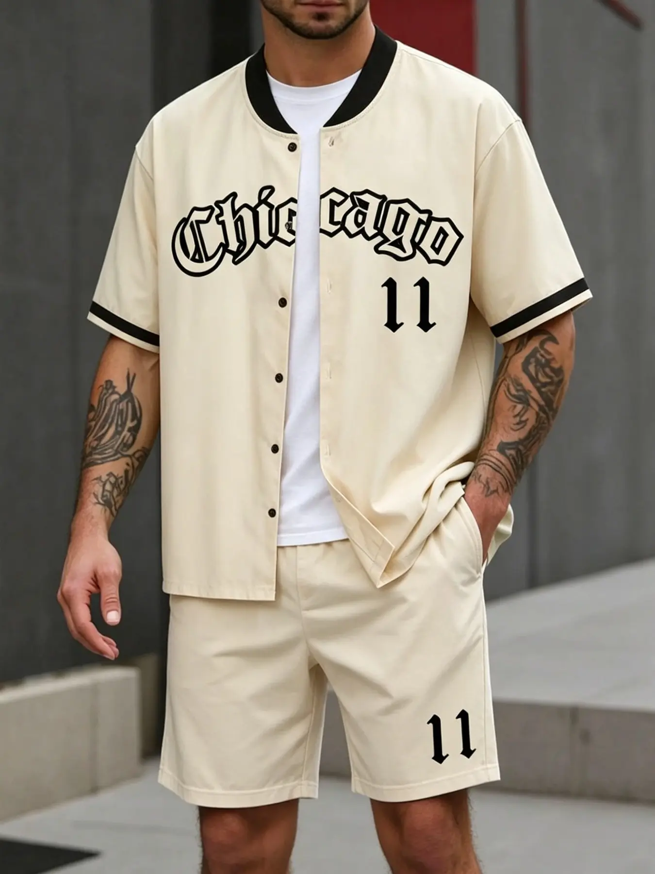Men's Chicago #11 Baseball Jersey 2-Piece Set | Wear It Multiple Ways for Unlimited Styles! Oversized Streetwear Button-Up Shirt + Numbered Shorts, Vintage Old English Gothic Print, Perfect for Gym, Streetwear OOTD, Basketball Court & Everyday Urban Wear