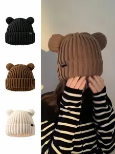 Women's Animal Ear Beanie Hat, Casual Letter Patch Acrylic Warm Cap, Bear Shape Fitted Sweater Hat, Knit Hats for All Seasons, Knitted Hat