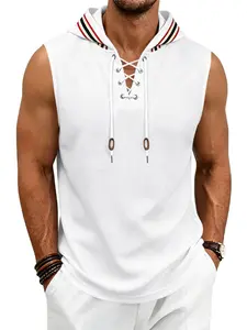 Men's Waffle Hooded Sleeveless T-Shirt, Lace-Up Sporty Vest, Breathable Muscle-Enhancing Top, Multi-Color Options, Summer Fitness Essential