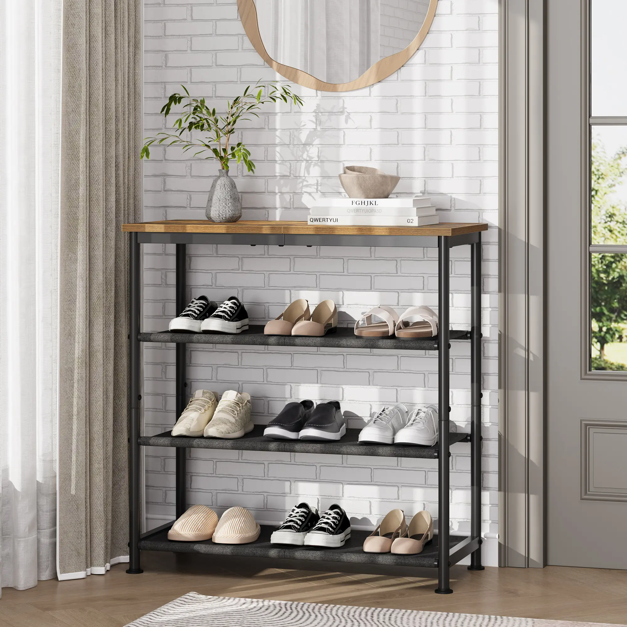 Garvee 3-Tier Metal Storage Rack with Wheels, Mesh Shelving Unit with x Side Frames, 23.6-Inch Width, for Entryway, Kitchen, Living Room, Bathroom, Industrial Style, Black