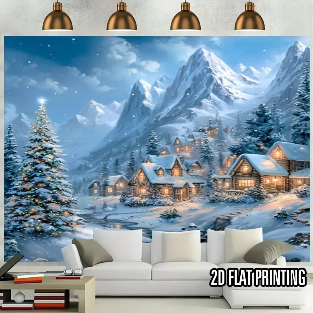 1pc Glam Durable Soft Fabric 2D Flat Winter Snow Village & Forest Backdrop Banner - Indoor Decor Printing Home Textile, Large Window Snowy Mountain, Cozy Cabins, Pine Trees, Starry Night Christmas Party Decor