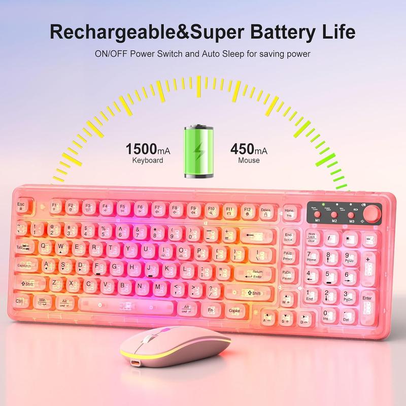 Pink Light Up Keyboard and Mouse Wireless,Cute 2.4Ghz Cordless Rechargeable Transparent Backlit Keyboard,15 Backlight Effects,Volume Knob,RGB Mouse with 3 DPI for Mac Computer PC Laptop Desktop iPad