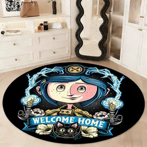 1pc Coraline Welcome Home Round Rug, Decorative Rug Mat, Durable Non-Slip Design for Entryways and Dark Anime Room Decor, Polyester Indoor Carpet
